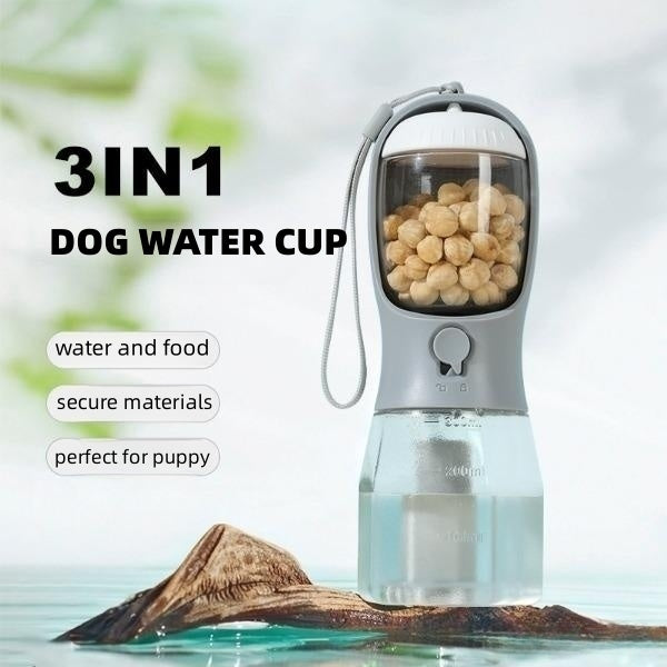 3-in-1 Portable Dog Water Bottle with Food Container & Poop Bag Holder – Leakproof Travel Pet Dispenser
