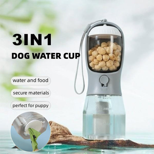 3-in-1 Portable Dog Water Bottle with Food Container & Poop Bag Holder – Leakproof Travel Pet Dispenser